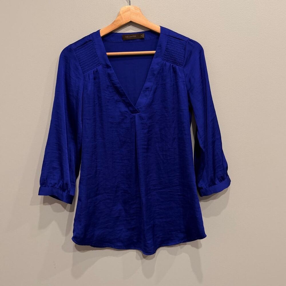 The Limited Royal Blue Satin V-Neck Blouse Size XS - 3/4 Officewear